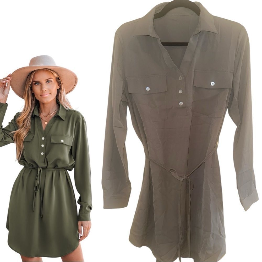 NWTs Cupshe Shirt Collar Belted Pocket Dress Size Small
